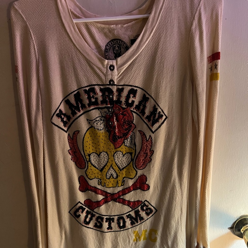 Affliction Cream and Red Long Sleeve Graphic Tee with Vintage Design